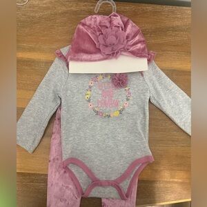 Baby Clothes 6-9 M • Gray and Pink Baby Onesie, Pants and Hat with Floral Design